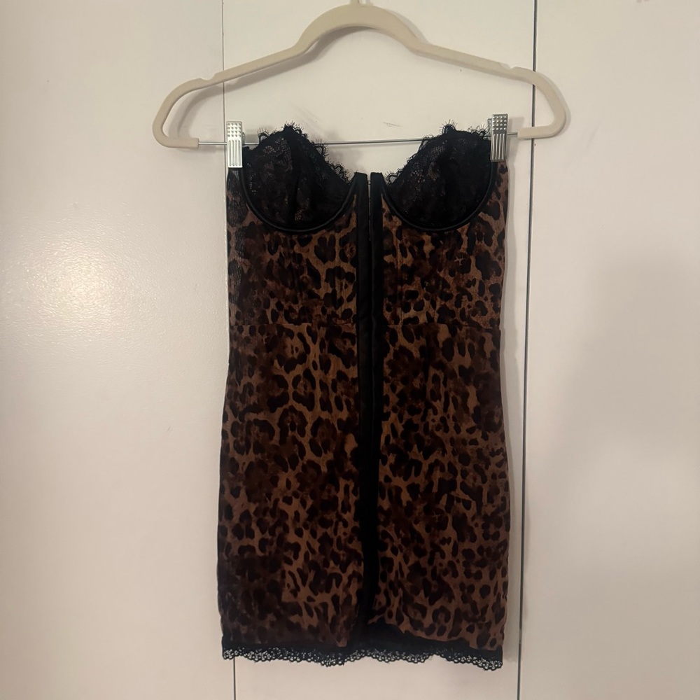 Leopard Print Lace Trim Bustier Boned Corset Mini Dress S NWT